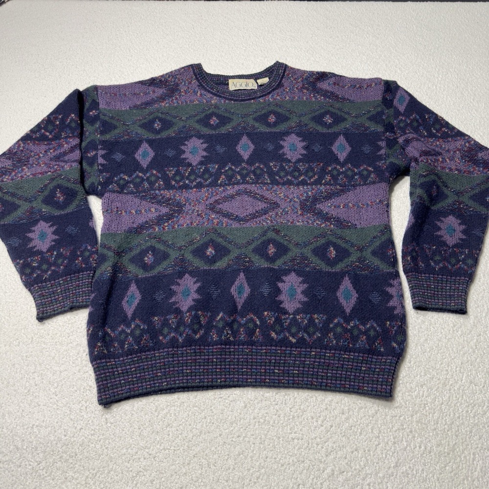 Aggio Men's Sweater Wool Blend Crewneck Pullover Geometric Grandpa Purple Sz XL